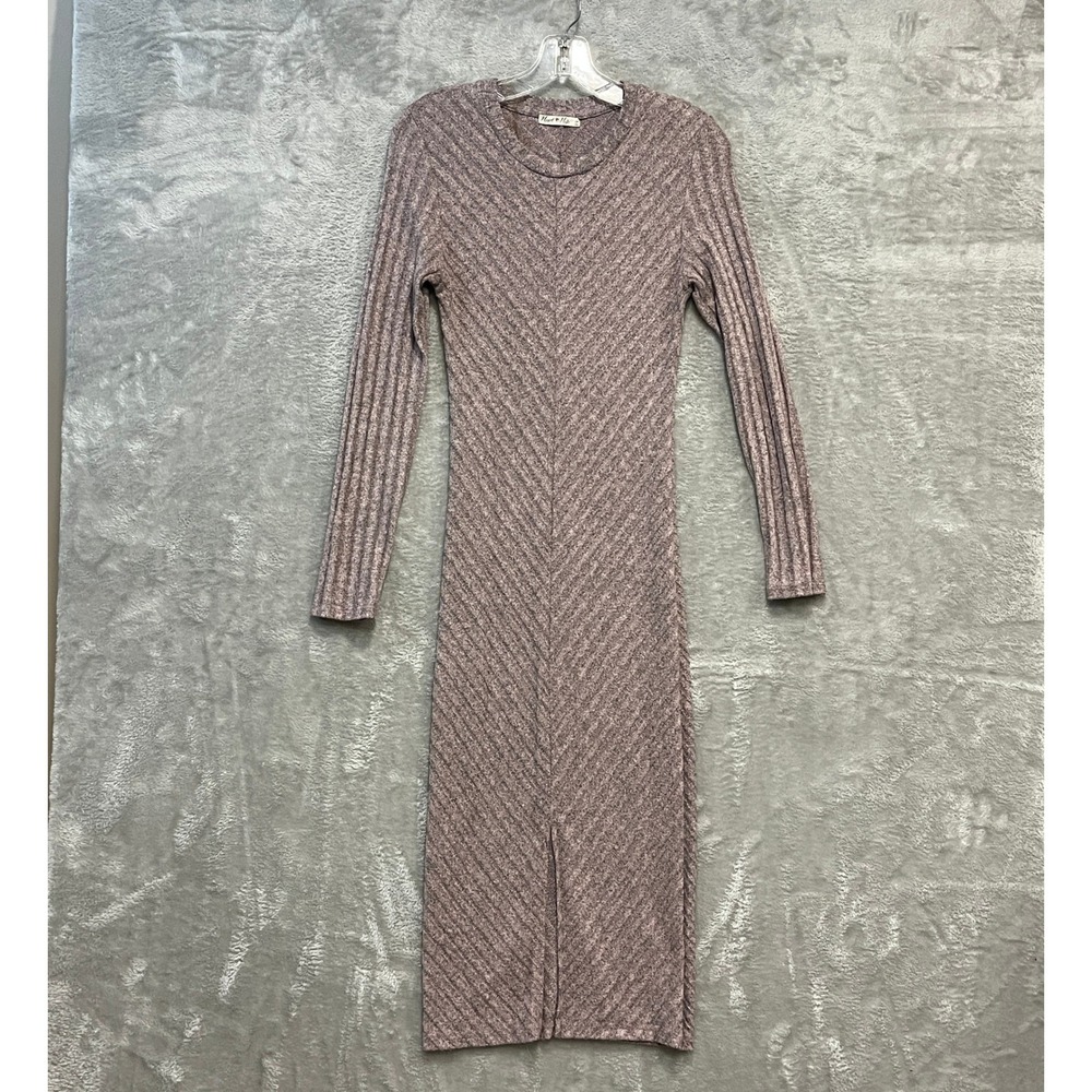 Heart Hips Midi Dress Womens Small Mauve Ribbed Long Sleeve Chevron Knit Slit